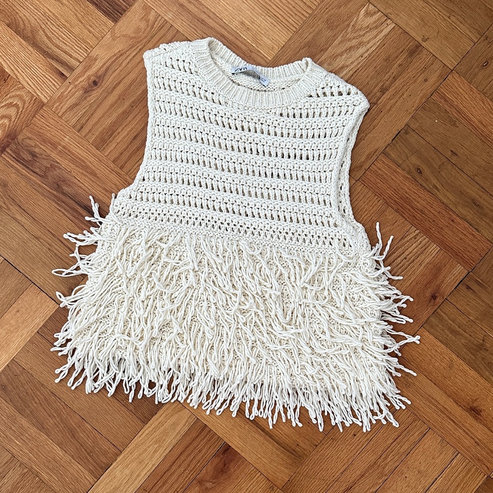 Zara Cream Open-Knit Fringe Tank